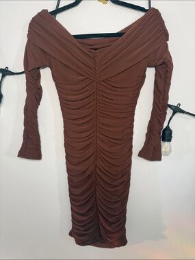 Off-Shoulder Ruched Long Sleeve Bodycon Dress in Brown